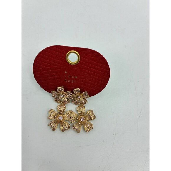 A New Day Gold Tone Pink Crystal Floral Dangle Earrings - Picture 1 of 5